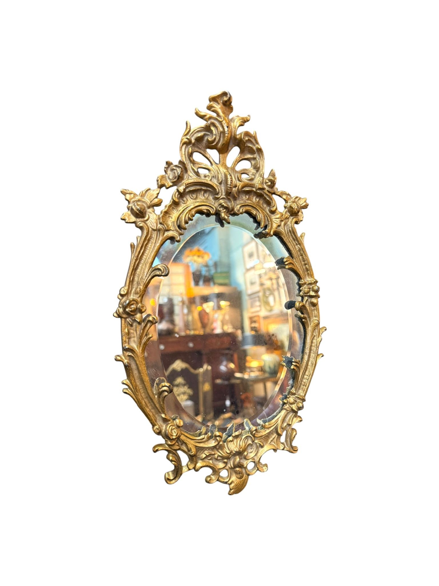19th Century Miniature Rococo Gilt Bronze Oval Beveled Mirror