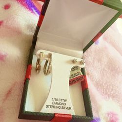 Gold Diamond Sterling Silver Hoop Earrings Set