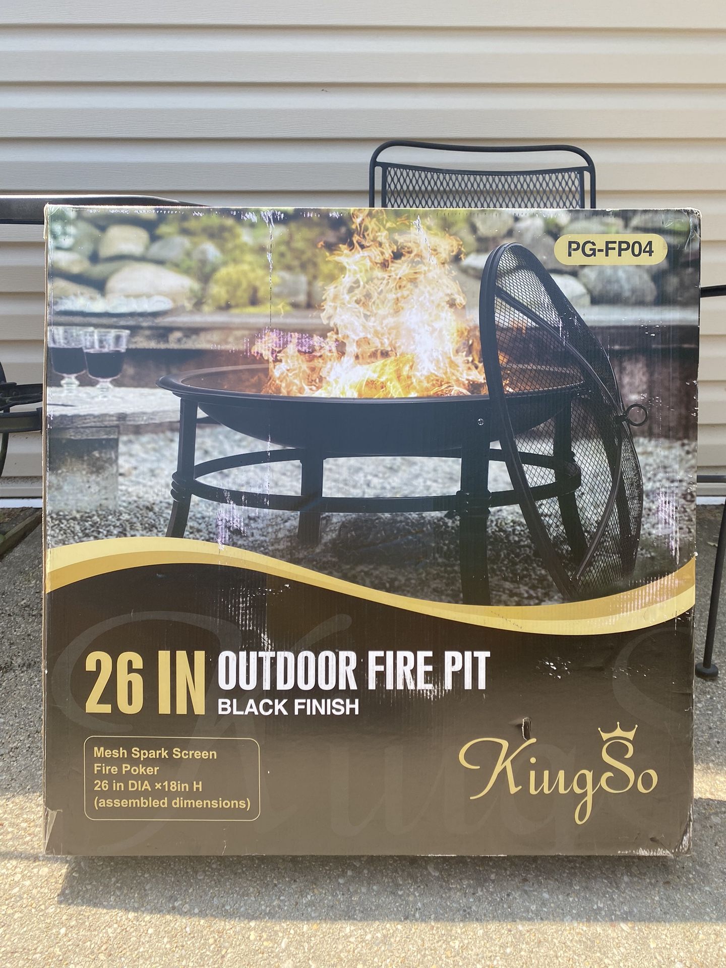 KingSo 26" Fire Pit Outdoor Patio Steel BBQ Grill Bowl with Mesh Spark Screen Cover Log Grate