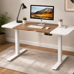 59” ELECTRIC STANDING DESK – ADJUSTABLE SIT/STAND – WHITE/WOOD – $70