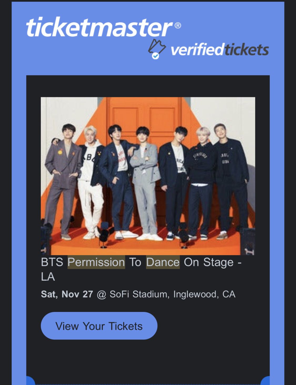 BTS Permission To Dance Concert 11/27 2 Tickets 