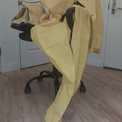 Heavy Duty Industrial Water Proof Rainsuit With Hood. Size Large Overralls Size Large. Rubber Boots Adjustable Strap Size12. Great for fishing or rain