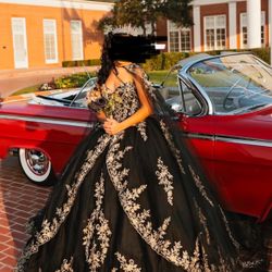 Sweet 16, Quince Dress, Black, Gold, Sleeveless