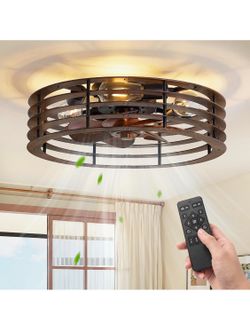 Brand New LEDIARY 20" Flush Mount Caged Ceiling Fan with Light, Low Profile Ceiling Fans with Light and Remote, 6 Speed & Reversible, Farmhouse Enclos