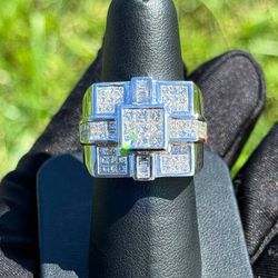14k solid white gold princess cut and baguette 3.5CTW diamond square cross men’s fashion ring sz 8.5