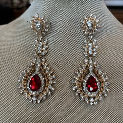 18K Gold Plated Australian White Crystal Drop Dangle Red Earrings 