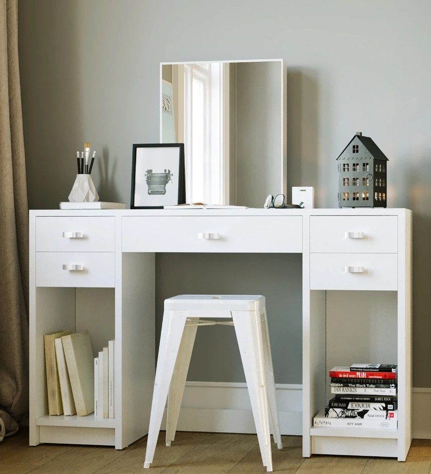 Bedroom Vanity Dressing Table with 5 Drawers and Open Shelves