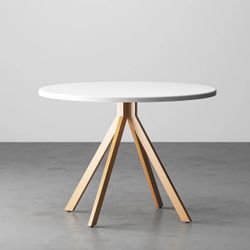 Pedestal Table, White w/natural legs, 39.4"D x 29.5"H