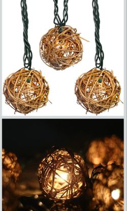 Rattan Christmas String Lights, 10 Mini Natural Globe Rattan 