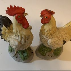 Antique Hand Painted Rooster and Hen
