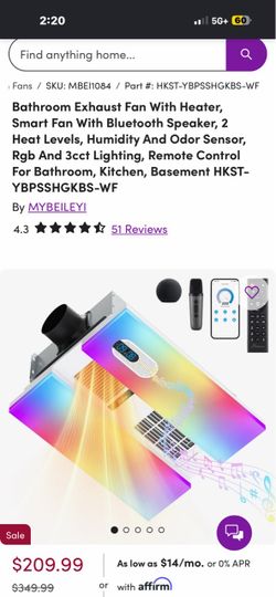 Bathroom Exhaust Fan With Heater, Smart Fan With Bluetooth Speaker, 2 Heat Levels, Humidity And Odor Sensor, Rgb And 3cct Lighting, Remote Control For