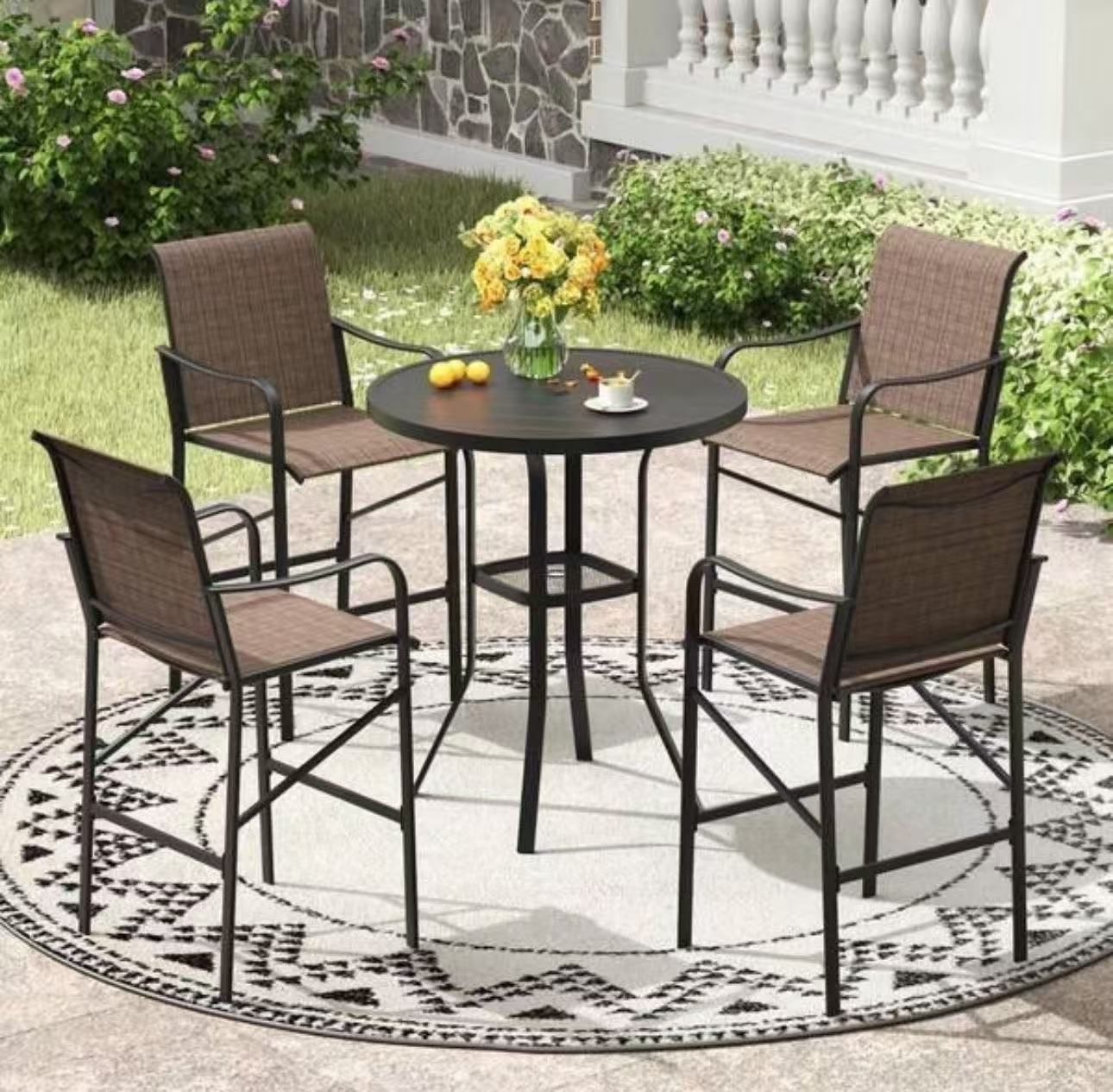 5-Piece Metal Outdoor Patio Bar Set, Black Table & Brown Chairs with Adjustable Umbrella Hole for Balcony
