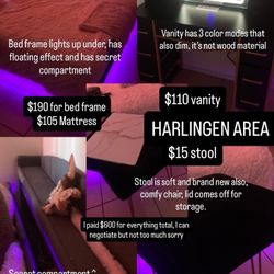 SELLING BED FRAME, MATTRESS, VANITY AND STOOL