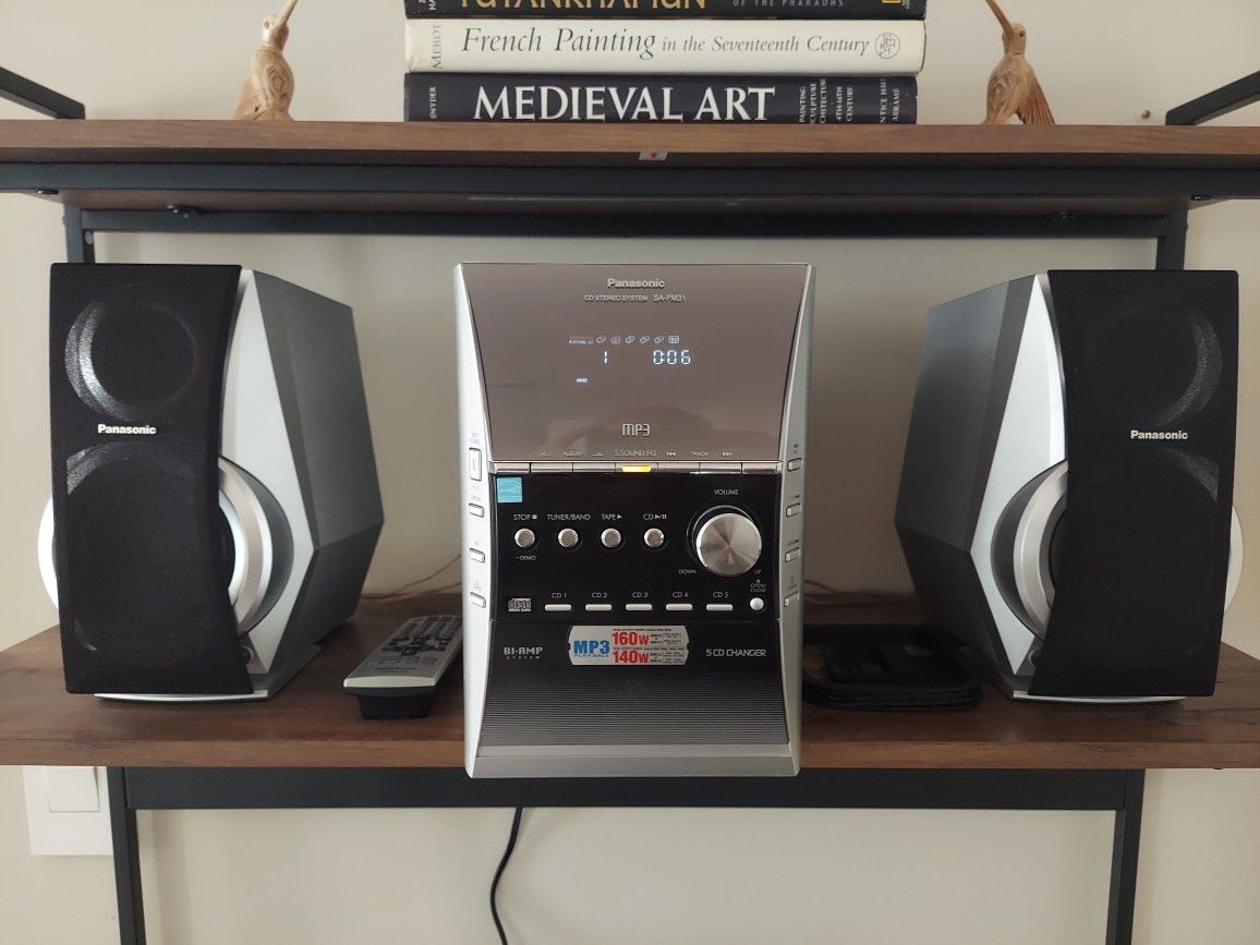 Panasonic SA-PM31 Shelf Stereo System 5 Disc CD Changer Cassette AM/FM MP3 w/ REMOTE