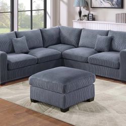 Gray Sectional Sofa With Ottoman - Soft Corduroy Fabric