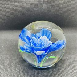 Pretty Art Glass Paperweight With Blue Flower 