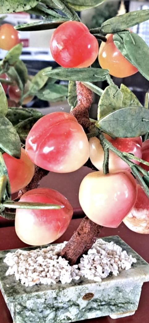 Three Chinese Carved Gemstone Peach Tree Vibrant Colors Jade  Bonsai Lucky Flowers Tree