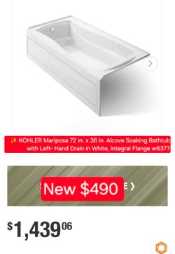✨️ KOHLER Mariposa 72 in. x 36 in. Alcove Soaking Bathtub with Left- Hand Drain in White, Integral Flange w6377