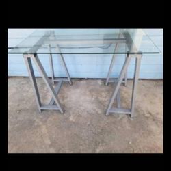 Metal Chair, & Glass Table Or Desk