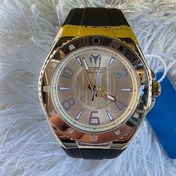 TechnoMarine Men’s Watch TM-225034 Gold Tone Dial Black Rubber Strap New