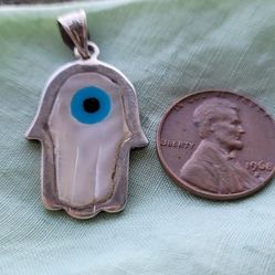 Hamsa Sterling Pendant With Mother Of Pearl And The Evil  Eye.
