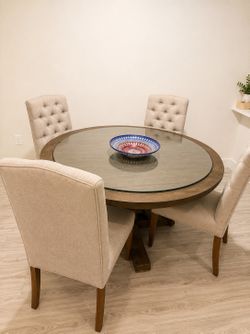 55” Round Wood Dining Table + 4 Tufted Chairs + Thick Beveled Glass Top
