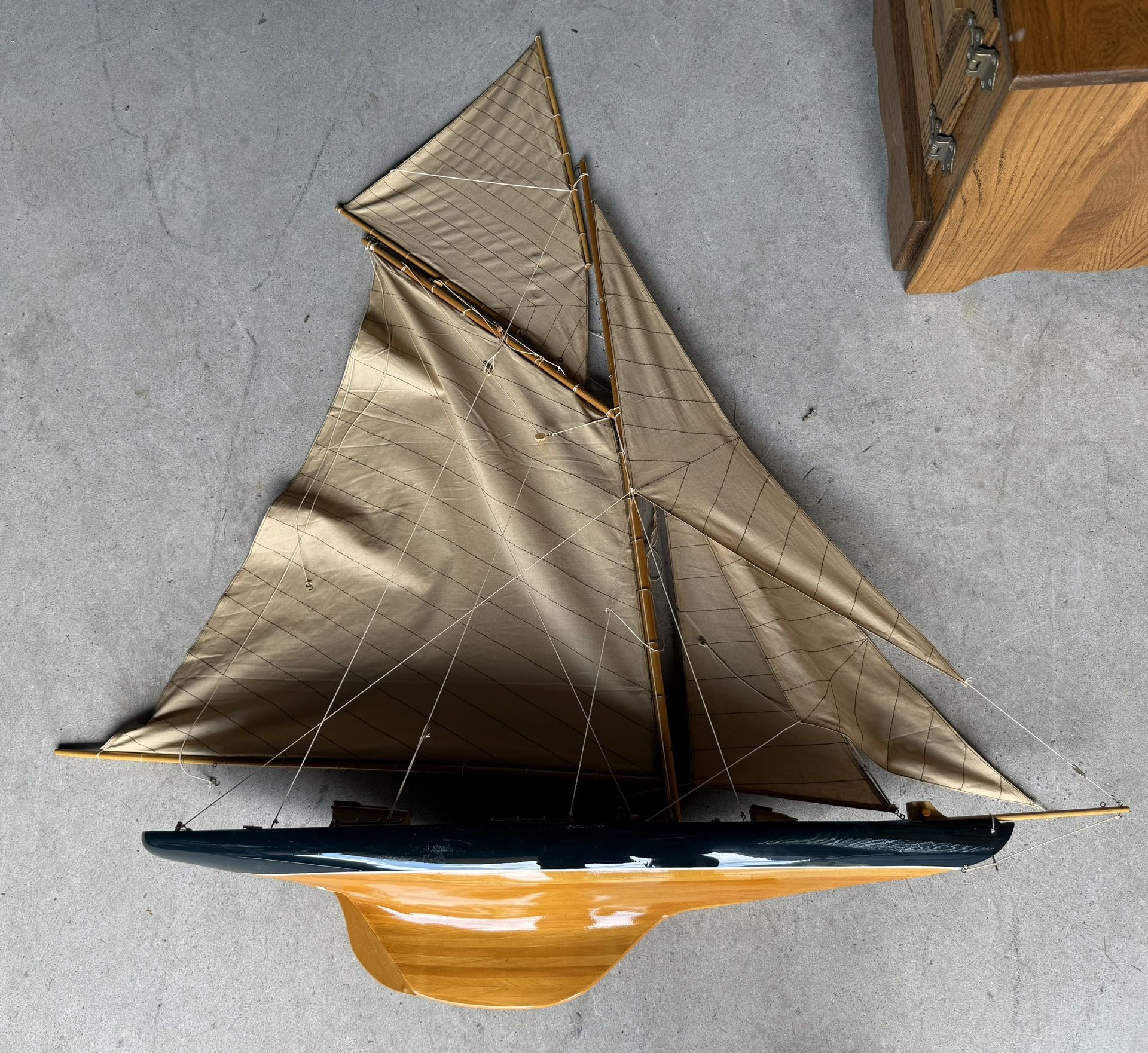 Vintage English Wooden Pond Yacht Model With Wall Mount