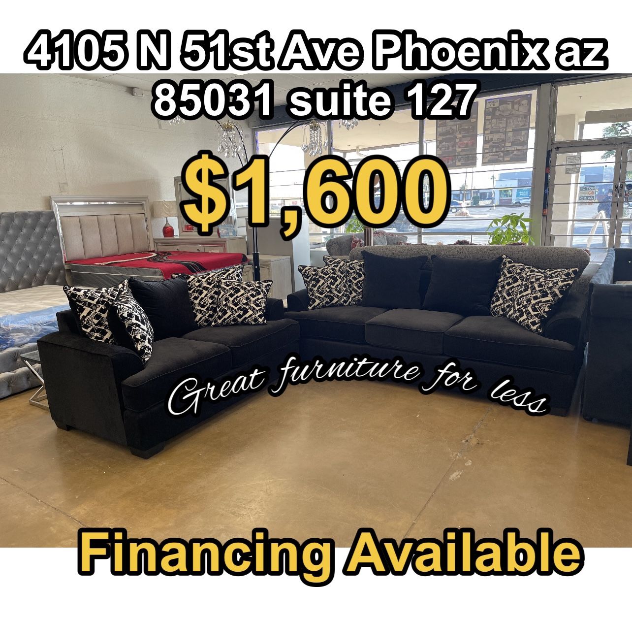 Sofa And Loveseat Black With Pillows Brand New