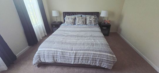 Queen Bed + Mattress + 2 Nightstands – Grey – Complete Set