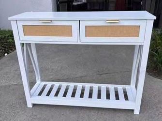 New in Box Console Table with 2 Rattan Drawers, Entryway Table w/ 3-Tier Shelve Black or White