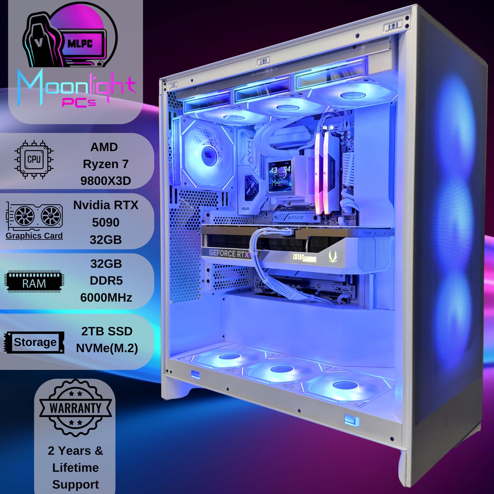 White 90 Nebula - Ryzen 7 9800X3D / RTX 5090 RGB Gaming, Streaming, & Productivity PC
