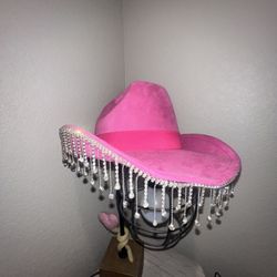 Pink Cowgirl Hat With Hanging Jewels 