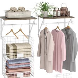 2 Set Laundry Room Shelves Wall Mounted with Wire Storage Baskets, Over Washer and Dryer Shelves with Hanging Rods and Hooks, Wire Shelves for Laundry