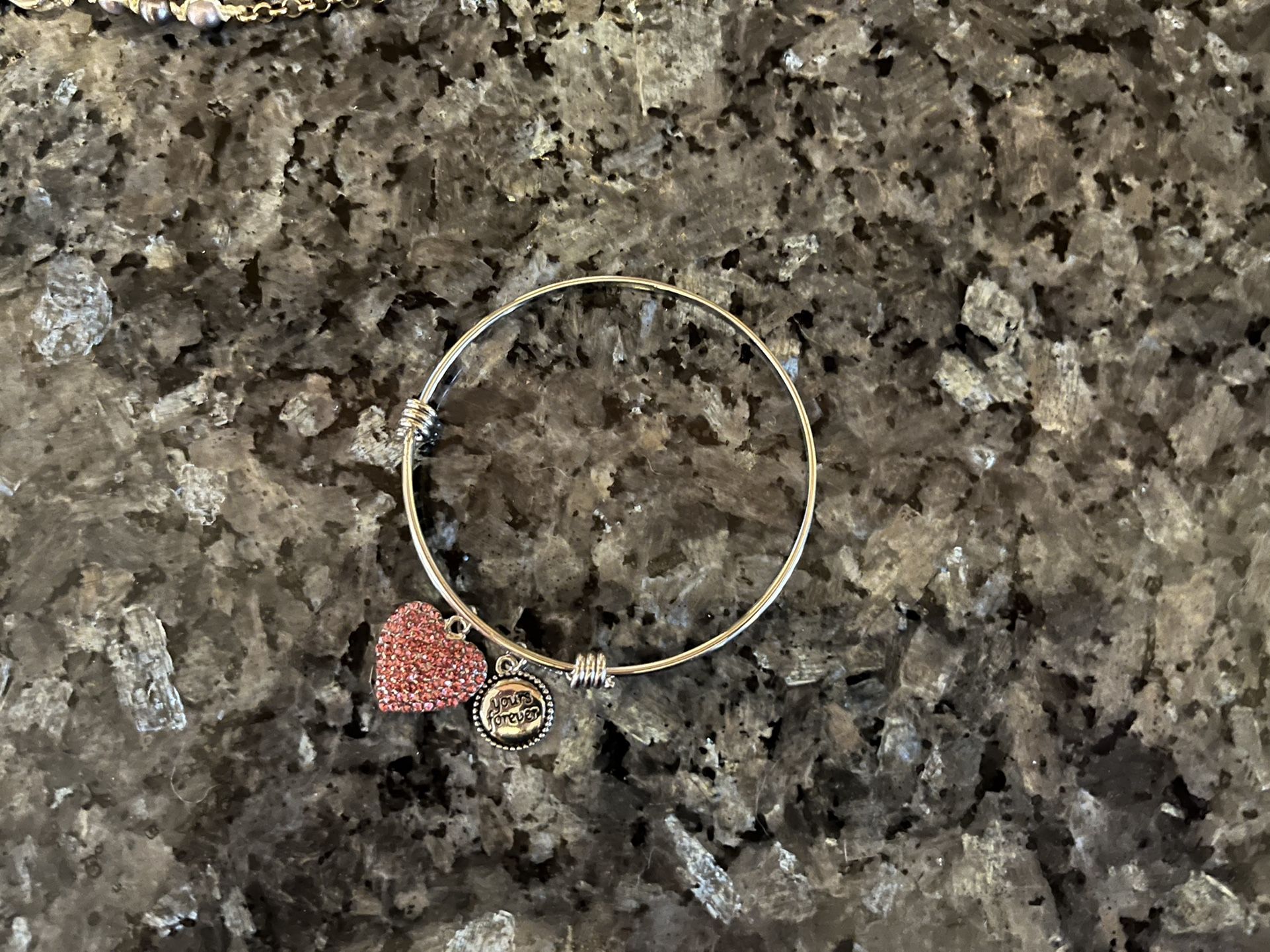 Heart Rhinestone Charm Silver Toned 6 Inch Bracelet