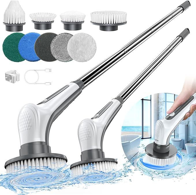 Electric Spin Scrubber, Cordless Shower Scrubber, 9 Replacement Brush Head, Bathroom Shower Scrubber with Long Handle, Shower Cleaning Brush