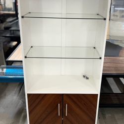 New Mid-Century Modern Storage Cabinet Hutch with Glass Shelves & Soft-Close Doors