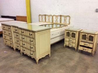 French provincial antique complete bed set, long dresser with 12 drawers, mirror, King headboard, King complete bed and two unique night stands