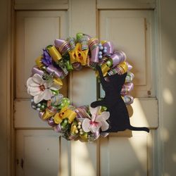 Floral Black Cat silhouette wreath handmade