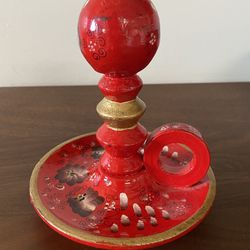 Vtg  Red Swiss Hand Painted Wood Chamber Candlestick 