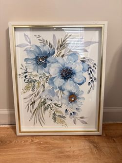 Blue Flower Wall Art with Light Wood and Gold Frame
