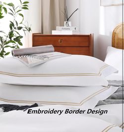 New King Size 100% Cotton Duvet Cover Set Soft With Embroidery Design Sateen Weave White/Gold