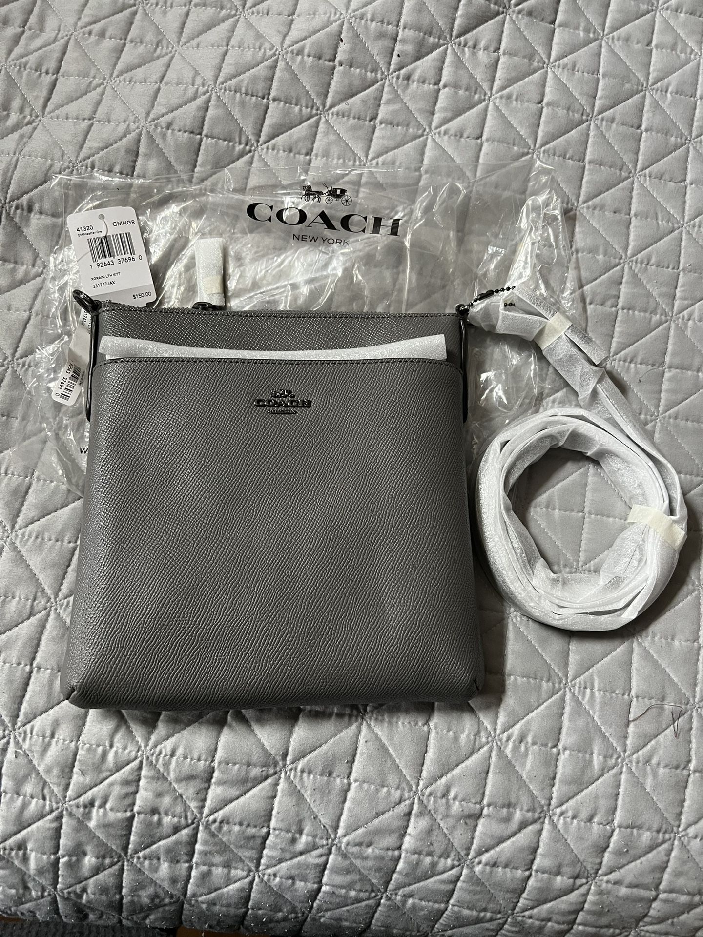 Brand New Gray Leather Coach Bag W/Gray Strap &Tags Still On