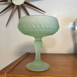 Vintage Indiana Glass Diamond Point Satin Frosted Green Pedestal Candy Nut Dish