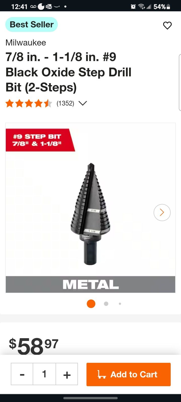 Milwaukee
7/8 in. - 1-1/8 in. #9 Black Oxide Step Drill Bit (2-Steps)