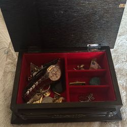 Vintage 1950's Japan Larch wood Jewelry Valet Box, Bronze Medallion & Embossed Patterns, Red Lining, 8.5"X 6", 