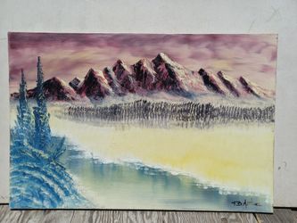 Oil Painting - Mountain Range and Lakeside with Forrest