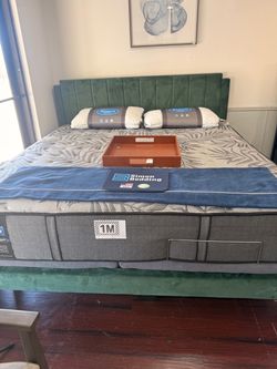 Sealy Mattress with Green Velvet Bed Frame