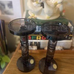 New Smoked Glass Crystal French France Pillar Candle Holders Set Of Two 