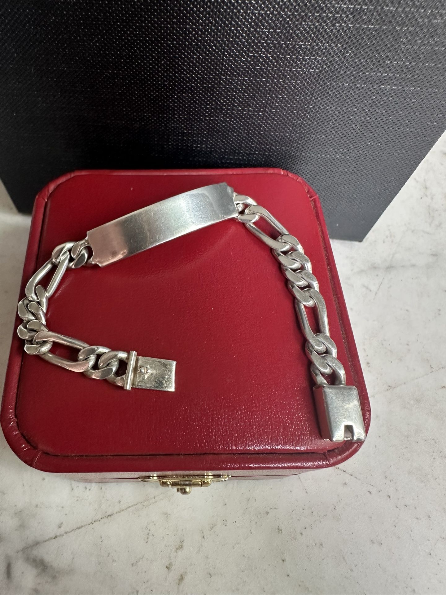 925 Sterling Silver ID Figaro Link bracelet, Size 5.5 In , Small Wrist, Hallmarked Mexico 925, Push Lock Closure