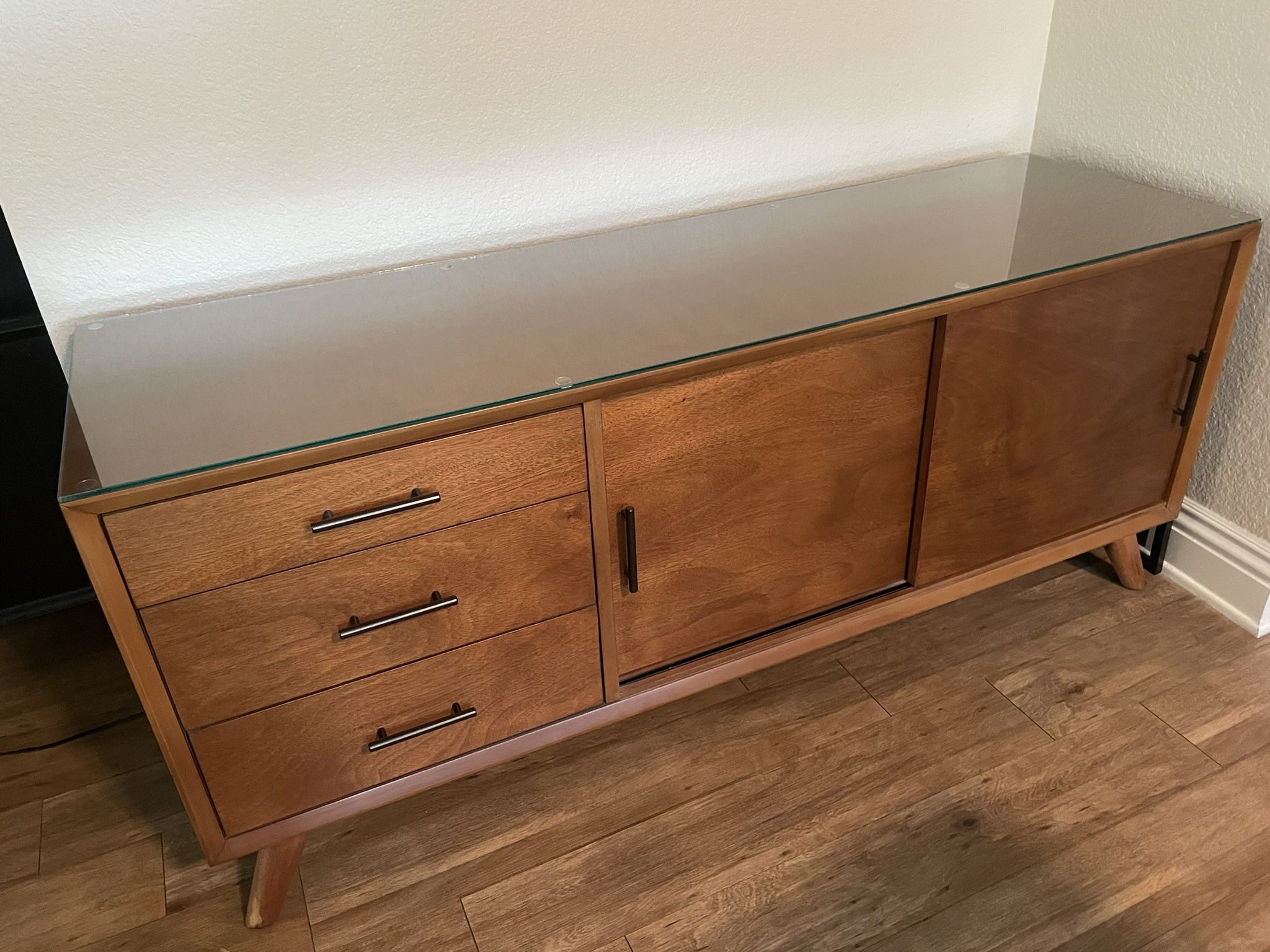 Mid-Century Modern World Market Brewton Large (64”) Storage Cabinet, Buffet Or Media TV Stand With Custom Glass Top - 64” Length (Excellent Condition)